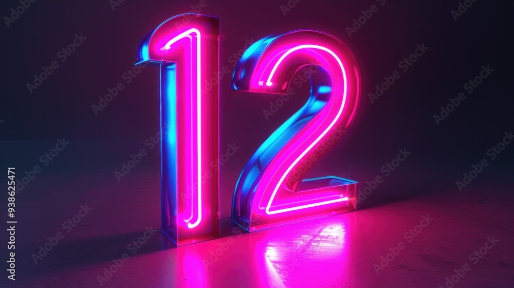 Striking 3D render of number 12 in pink and blue neon lights for birthday celebration. Striking 3D render of number 12 in pink and blue neon lights for birthday celebration.