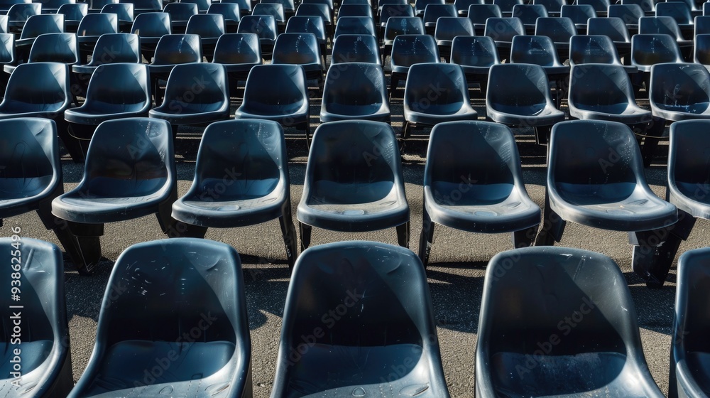 Naklejka premium Symmetrical view of empty black tribune seats in an outdoor sports stadium, focusing on audience and design.