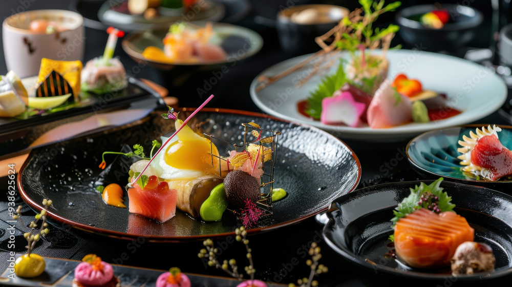 Colorful Japanese dishes with appetizing presentation under beautiful lighting Colorful Japanese dishes with appetizing presentation under beautiful lighting