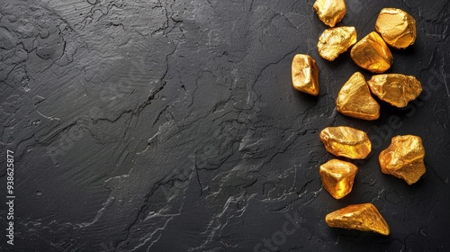 Gold nuggets on black background, business and treasure concept.