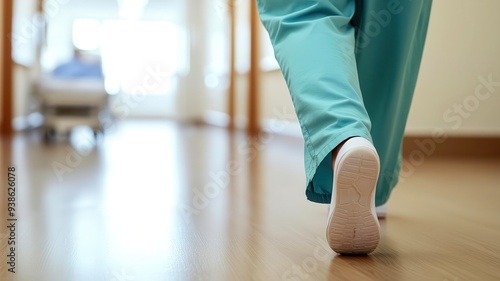 Close-up of healthcare worker s feet in scrubs, walking down a corridor, warm lighting, healthcare, motion