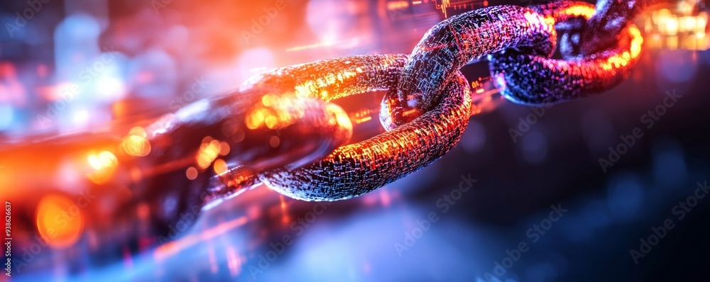 A close-up view of a glowing metal chain, showcasing its intricate details and vibrant colors in an industrial setting. A close-up view of a glowing metal chain, showcasing its intricate details and vibrant colors in an industrial setting.