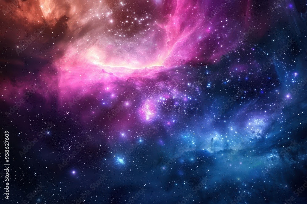 Naklejka premium A vibrant nebula with a pink and blue glow, filled with countless stars