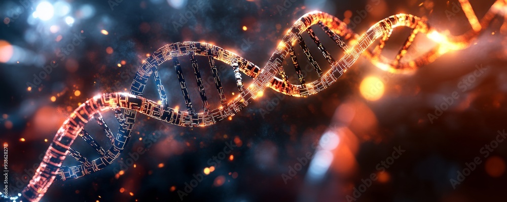A futuristic depiction of a DNA strand glowing amidst a cosmic background, symbolizing genetic research and biotechnology. A futuristic depiction of a DNA strand glowing amidst a cosmic background, symbolizing genetic research and biotechnology.