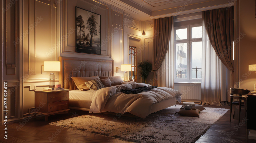 Fototapeta premium Elegant bedroom, perfectly organized with soft, realistic lighting