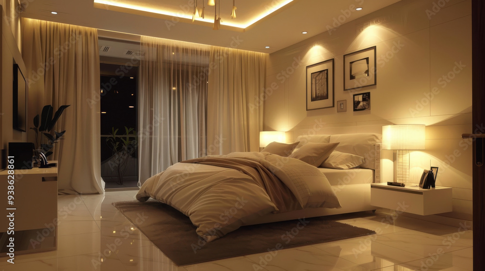 Fototapeta premium Immaculate bedroom with soft, beautiful lighting