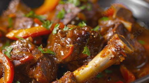 Close-up of Delicious Braised Lamb Shanks with Red Peppers and Parsley