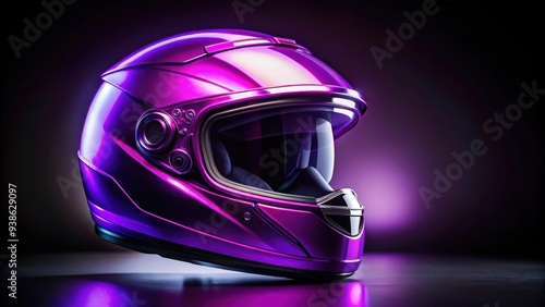 Futuristic neon purple motorcycle helmet with technological gear on black background, futuristic photo