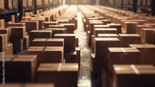 Endless Rows of Cardboard Boxes in a Warehouse