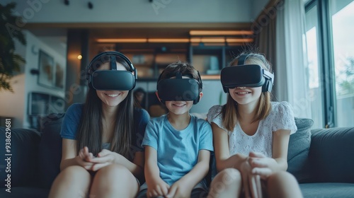 A family enjoying a virtual reality game together in the living room, experiencing modern home entertainment.