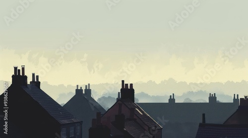 Silhouetted rooftops in a misty morning
