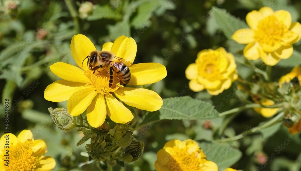 Bee in the midst of a vibrant yellow flower field Bee in the midst of a vibrant yellow flower field