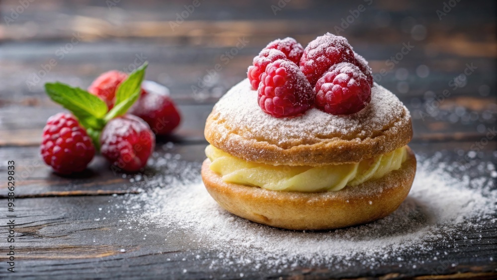 Cream filled pastry with fresh raspberries and a dusting of powdered sugar, pastry, dessert, raspberry, cream, sweet, treat Cream filled pastry with fresh raspberries and a dusting of powdered sugar, pastry, dessert, raspberry, cream, sweet, treat