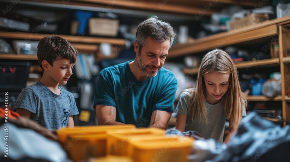 A family working together to organize their basement, sorting through old items and deciding what to keep, donate, or discard A family working together to organize their basement, sorting through old items and deciding what to keep, donate, or discard