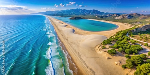 Fototapeta Naklejka Na Ścianę i Meble -  Aerial view of pristine Patara Beach with turquoise waters and golden sands, Patara, beach, Antalya, Turkey