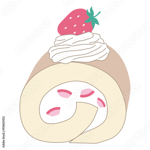 苺のロールケーキのベクターイラスト。お菓子、アイコン、ホイップ、いちご、スイーツ