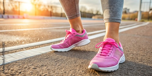 Primer plano de pie de mujer con zapatillas deportivas rosas en pista de atletismo