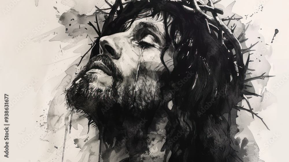 Jesus Christ with Crown of Thorns in Black and White Watercolor - Copy Space Available Jesus Christ with Crown of Thorns in Black and White Watercolor - Copy Space Available
