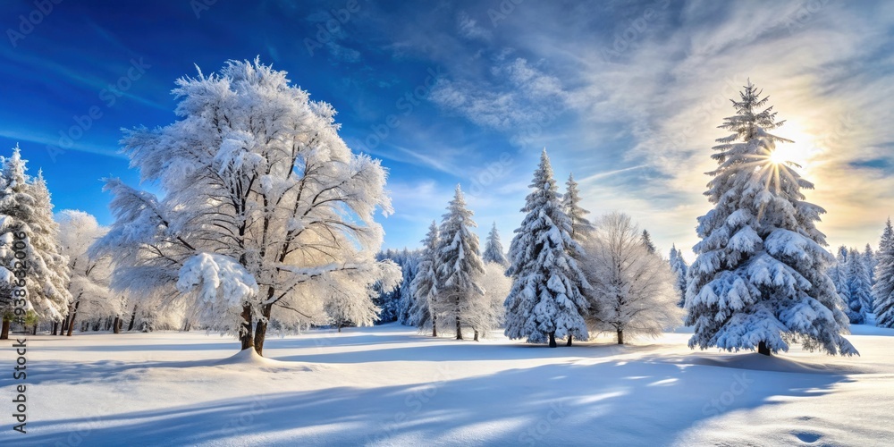 Obraz premium Snow covered trees in a winter wonderland , winter, snow, cold, frost, frosty, white, trees, forest, landscape, nature, serene