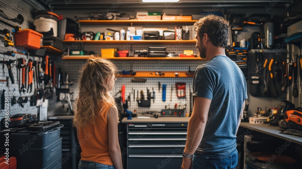 custom made wallpaper toronto digitalA father and daughter organizing the garage, hanging tools and arranging shelves to create a more efficient and clean workspace