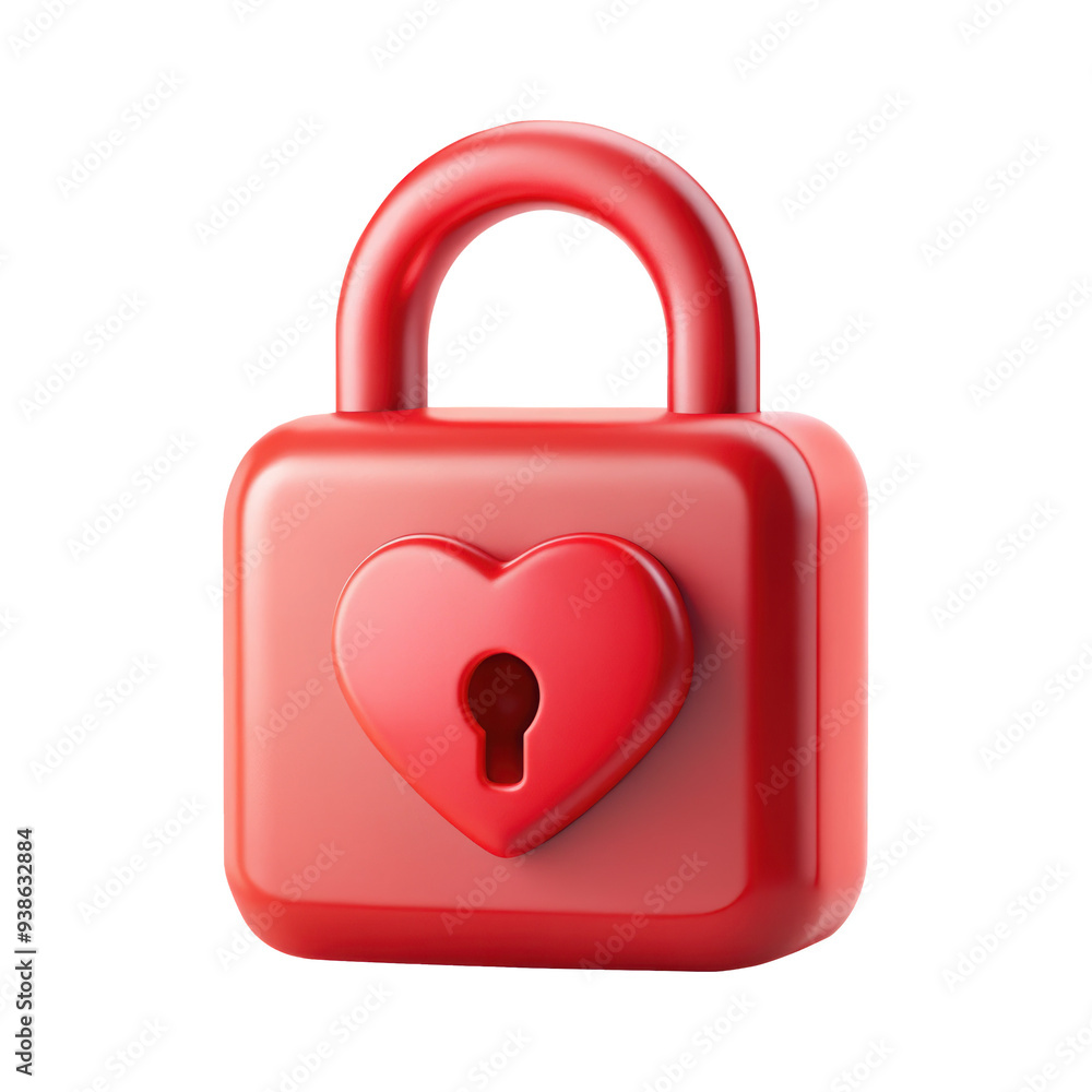 3D red padlock icon with a heart symbol at the center. This design represents security, love, and protection in a playful style. Isolated on transparent background, png.