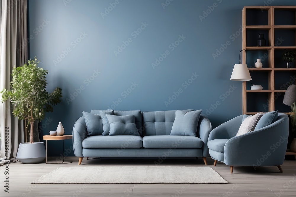 Interior design of modern living room with blue sofa and gray armchair Interior design of modern living room with blue sofa and gray armchair