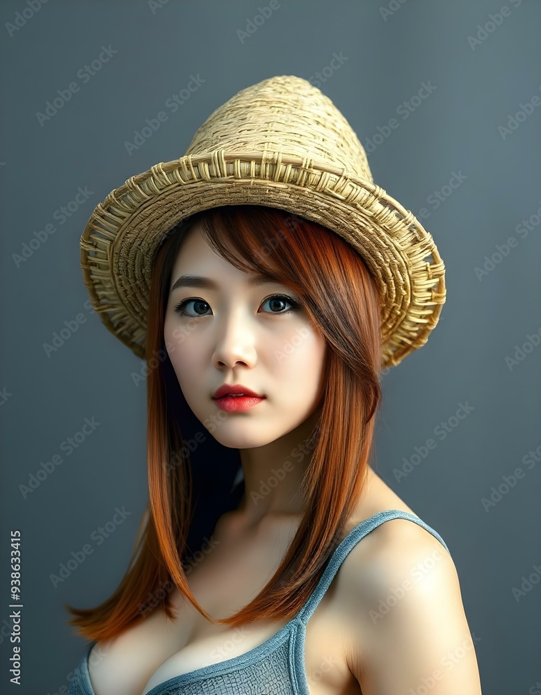 Redhead Woman with Wicker Hat in Studio Portrait Redhead Woman with Wicker Hat in Studio Portrait
