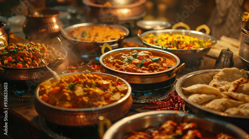 Photograph of colorful and appetizing Indian food with beautiful, realistic lighting