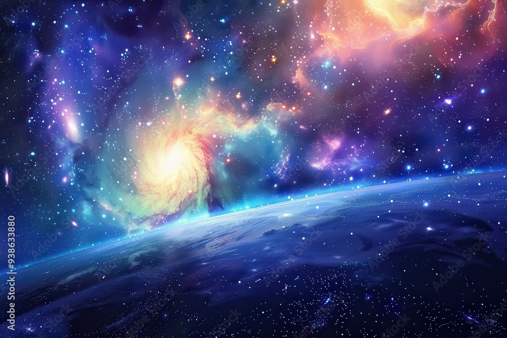 Fototapeta premium A Celestial Landscape with a Distant Planet and a Swirling Nebula