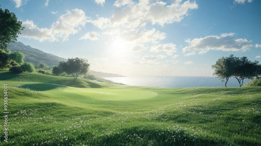 Obraz premium The beautiful golf course with morning sunshine.