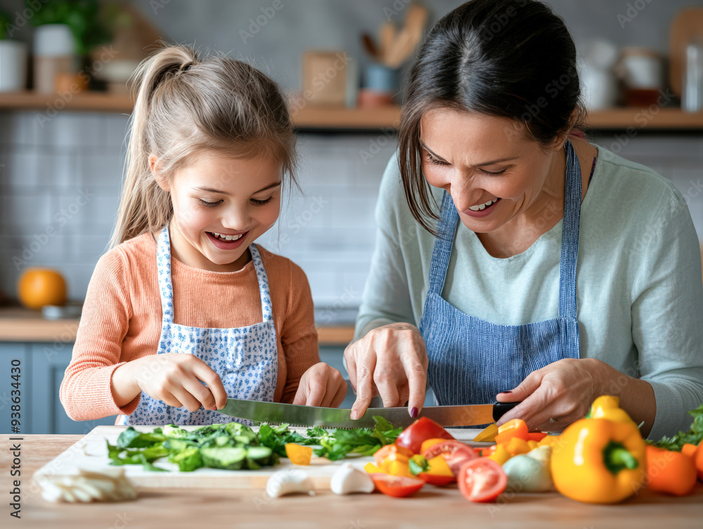 A joyful mother and daughter preparing fresh vegetables together in a kitchen, promoting healthy cooking and family bonding. A joyful mother and daughter preparing fresh vegetables together in a kitchen, promoting healthy cooking and family bonding.