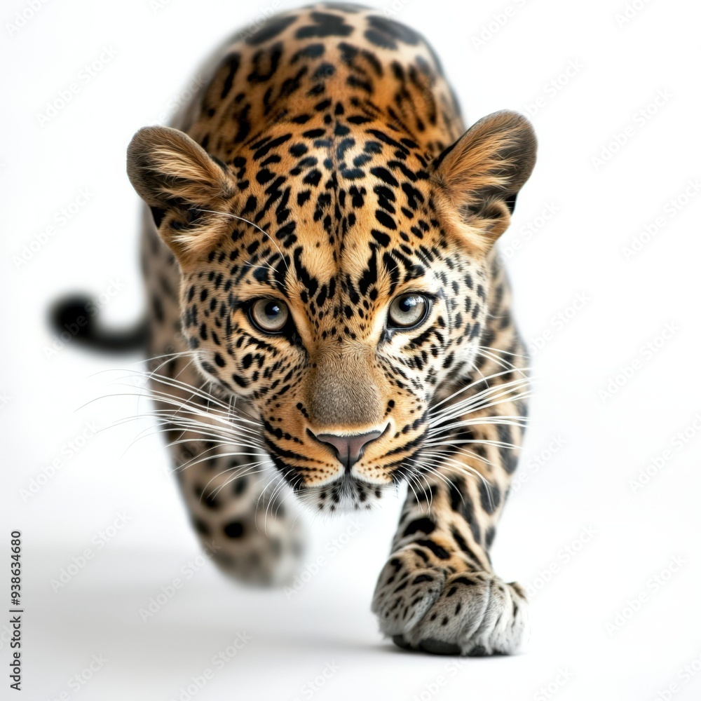 Obraz premium A majestic leopard in motion, showcasing its stunning coat and intense gaze, embodying the beauty of wildlife.