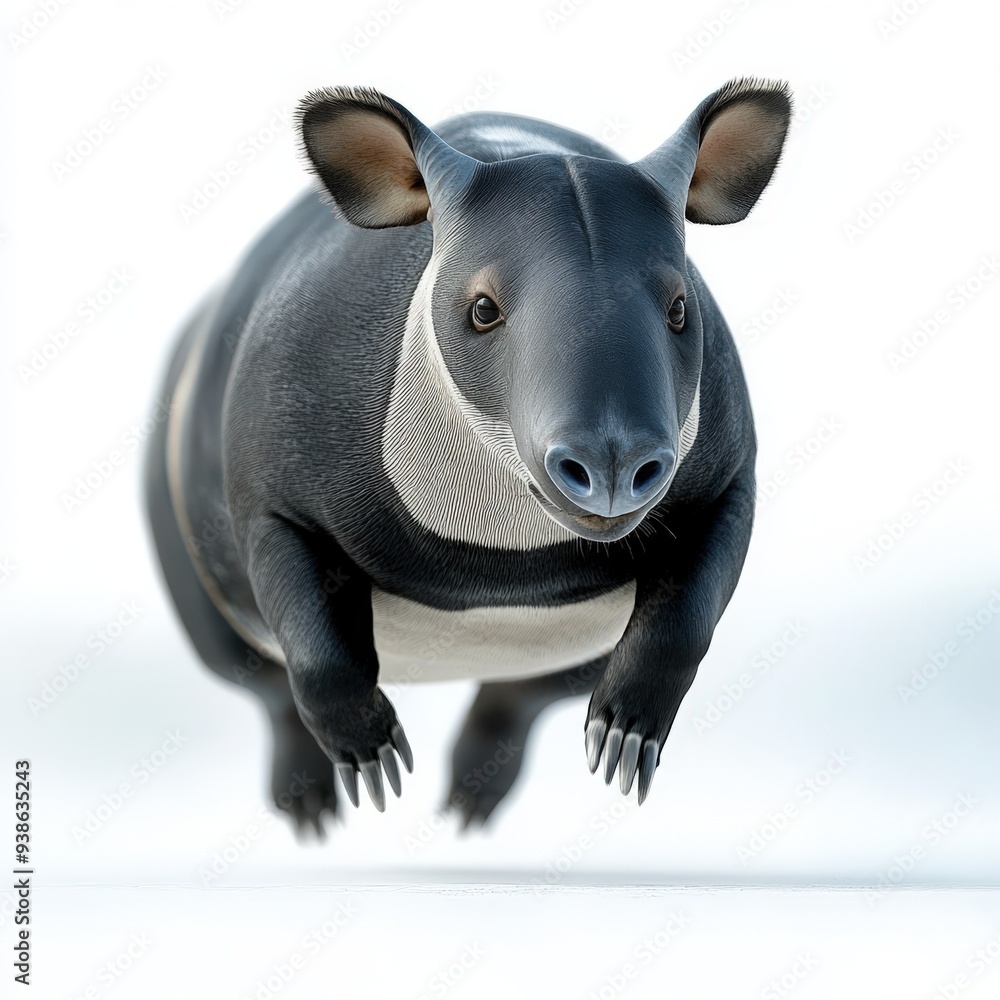 A playful tapir jumping in mid-air, showcasing its unique features and playful demeanor against a soft white background. A playful tapir jumping in mid-air, showcasing its unique features and playful demeanor against a soft white background.