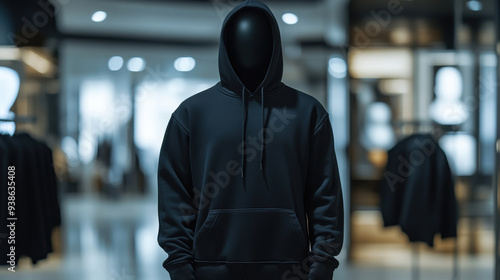 Mock up replica hoodie in stainless steel mannequin standing in luxurious shop.