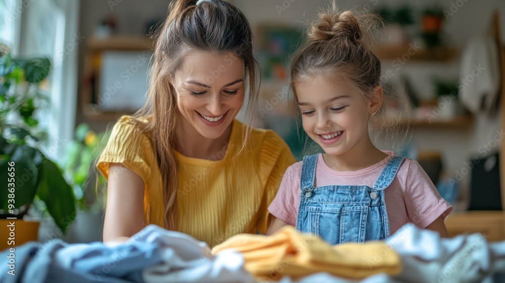 Fototapeta premium A mother and daughter folding laundry together, each handling different items to efficiently finish the task through simple teamwork.