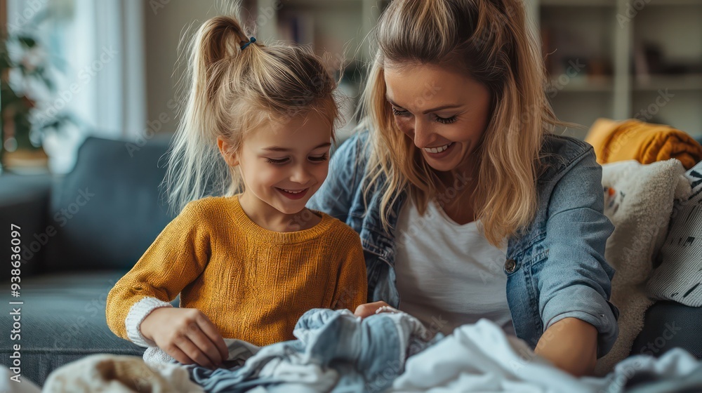 Obraz premium A mother and daughter peacefully folding laundry, chatting and laughing as they complete the task with ease