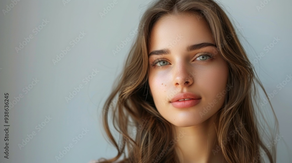 Beautiful young woman with long brown hair and blue eyes looking at the camera on a gray background blueeyed beauty in a gray world a portrait of a young woman Beautiful young woman with long brown hair and blue eyes looking at the camera on a gray background blueeyed beauty in a gray world a portrait of a young woman