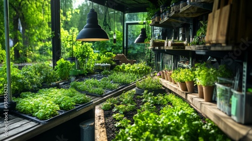 A vibrant indoor garden filled with lush greenery, pots of herbs, and warm natural light streaming through large windows.