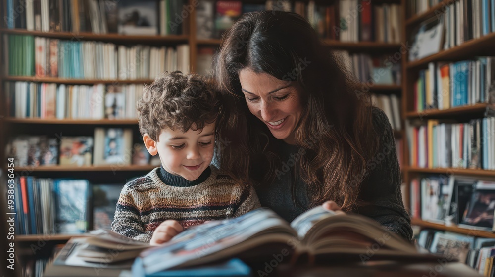 A mother and son organizing their home library, placing books and magazines in order, creating a tidy and inviting reading corner A mother and son organizing their home library, placing books and magazines in order, creating a tidy and inviting reading corner