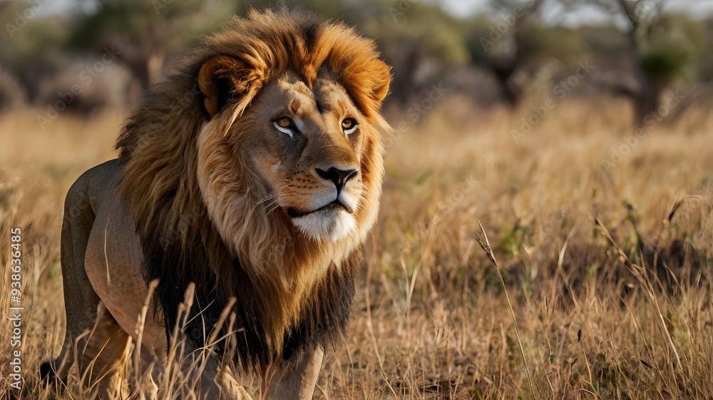 Standing tall in the grassy field, I am the king of the savannah. My powerful presence demands respect Standing tall in the grassy field, I am the king of the savannah. My powerful presence demands respect