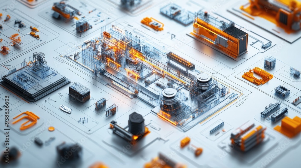 A flat lay of a digital twin simulation with 3D models, with ample copy space. A flat lay of a digital twin simulation with 3D models, with ample copy space.