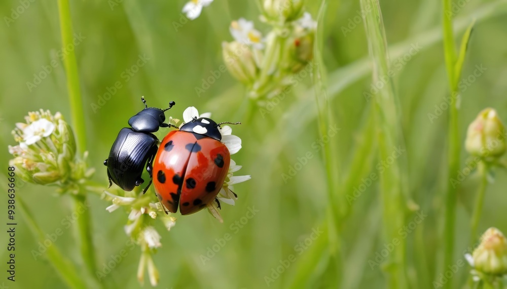 Natures vibrant dance A ladybug and a bee in harmony Natures vibrant dance A ladybug and a bee in harmony