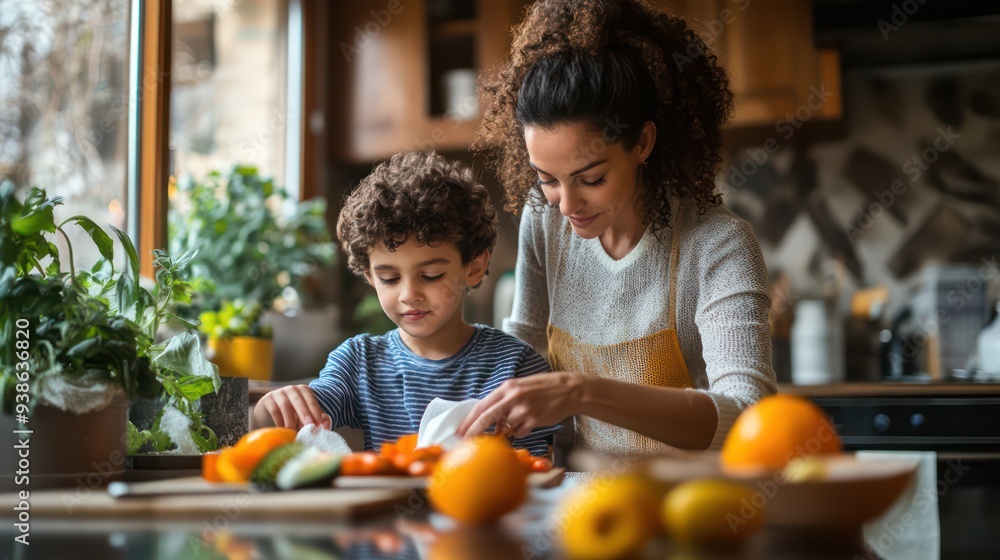 A mother and son wiping down kitchen counters after breakfast, both focused and happy, making the kitchen shine together. A mother and son wiping down kitchen counters after breakfast, both focused and happy, making the kitchen shine together.