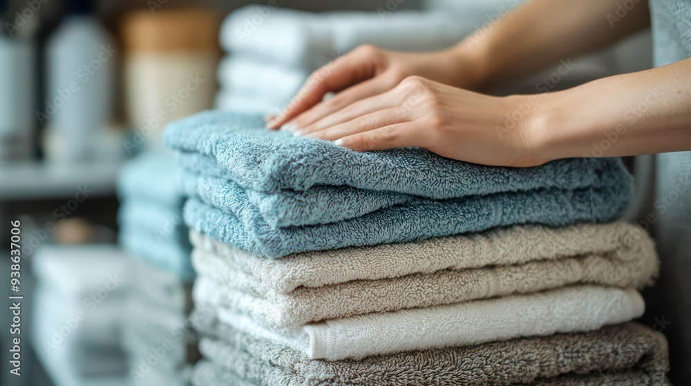 A person carefully folding towels in a neat stack, finding peace in the simple task in a quiet laundry room A person carefully folding towels in a neat stack, finding peace in the simple task in a quiet laundry room