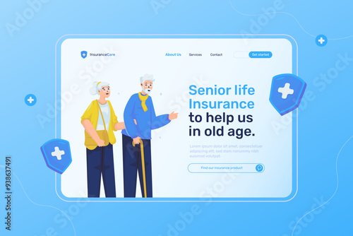 Senior life insurance protection illustration on landing page template