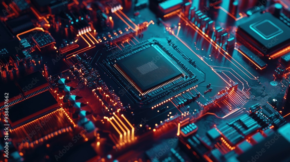 Fototapeta premium A flat lay of a quantum computing chip with digital layers, with ample copy space.