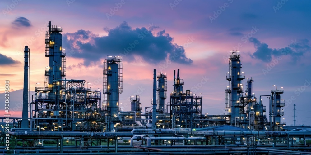 Industrial sunsets oil refinery with clouds and blue sky background, business and travel concept Industrial sunsets oil refinery with clouds and blue sky background, business and travel concept