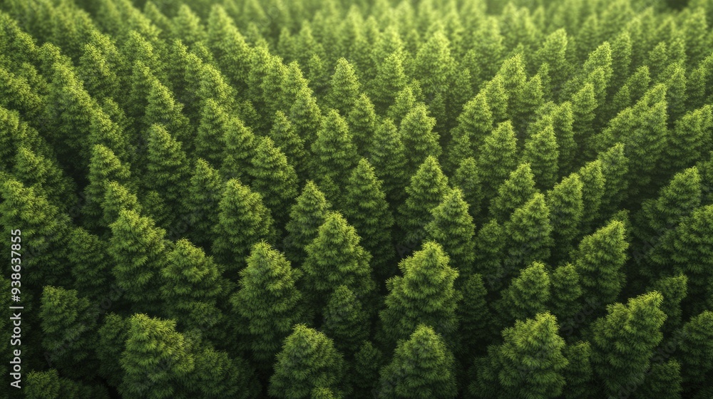A dense forest of towering evergreen trees bathed in soft sunlight A dense forest of towering evergreen trees bathed in soft sunlight