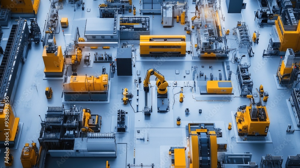 A flat lay of a robotic automation system in a factory, with ample copy space. A flat lay of a robotic automation system in a factory, with ample copy space.