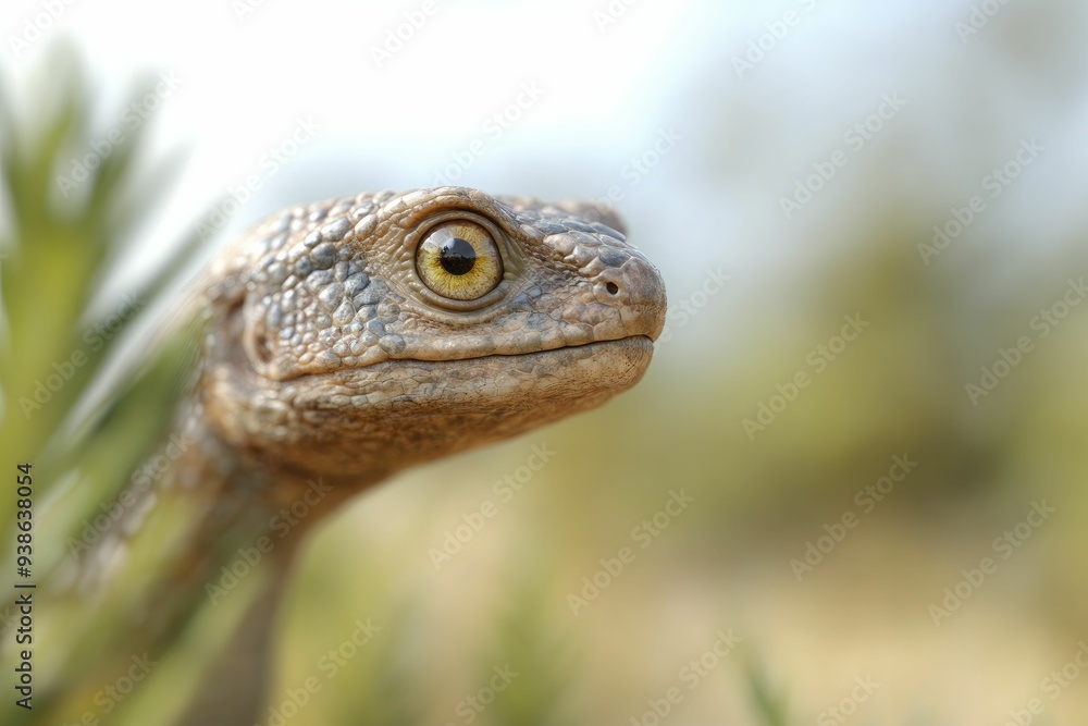 A lizard gazes curiously into the distance amidst lush greenery